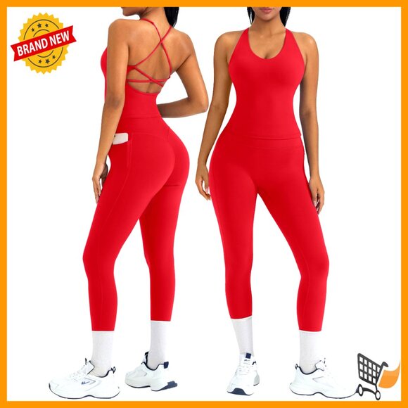 Padded Workout Top with Booty Leggings Set Medium Support Scrunch Pockets